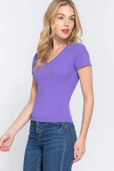 Active Basic V-Neck Ribbed Short Sleeve Knit T-Shirt