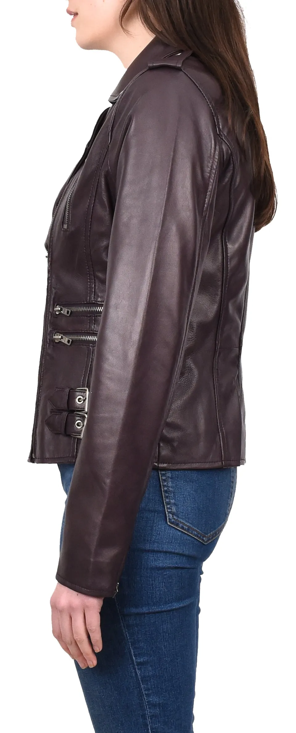 Women’s Trendy Biker Genuine Leather Jacket Purple Revolve